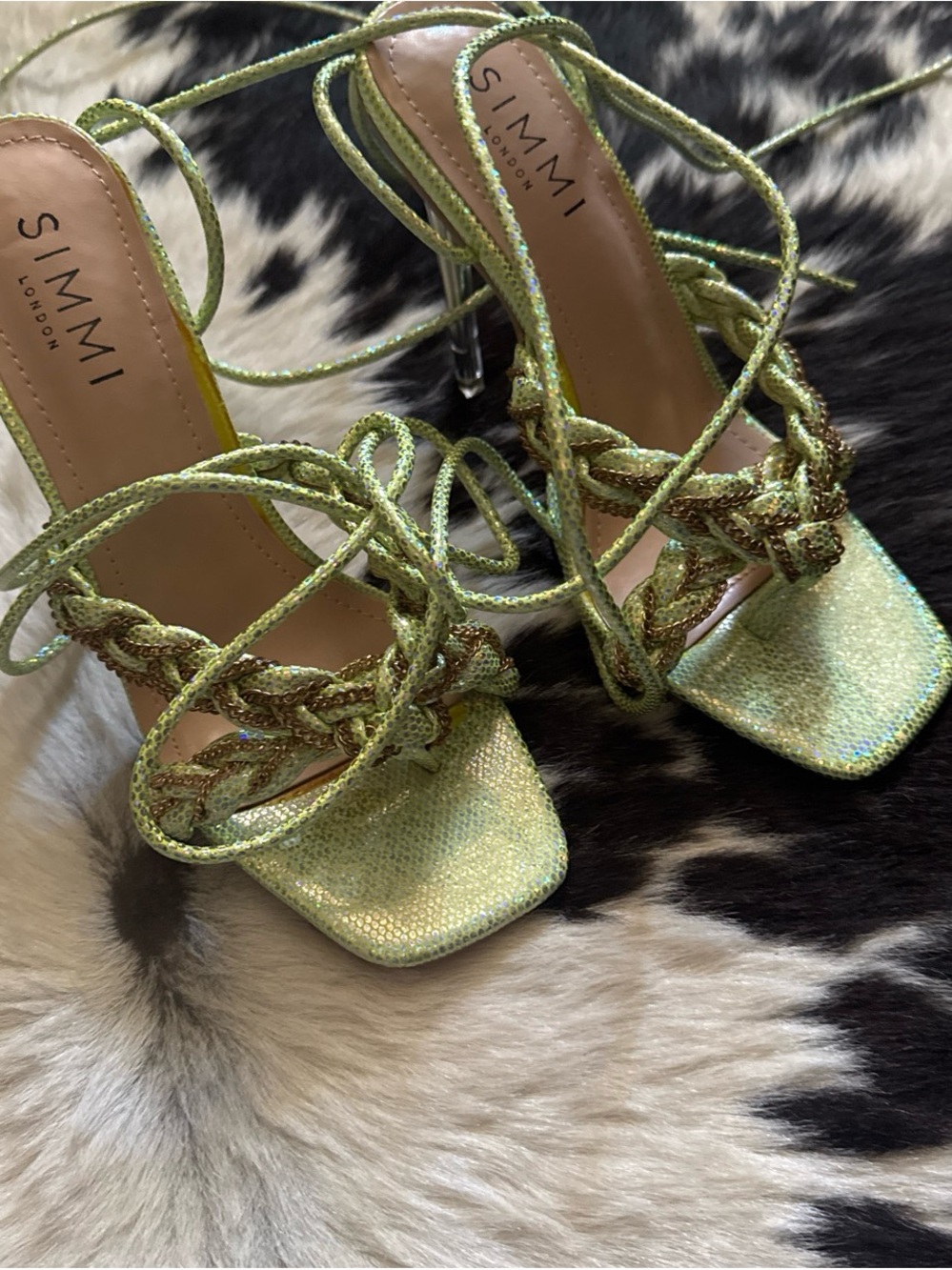 SIMMI Lime Green Braided Lace-Up Heeled Sandals